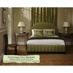 Kingsize Puffin Bed in Zoffany Suffolk Stripe Pale Olive - Contrast Piped in House Cotton Vanilla