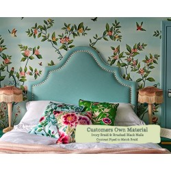 Double Headboard Kerrera Customers Own Material Ivory Braid Brushed Black Nails Contrast Piped to Match Braid