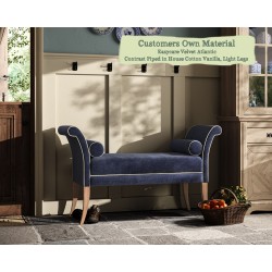 THW Large Broxbourne Stool in Easycare Velvet Atlantic Contrast Piped in House Cotton Vanilla with Light Legs