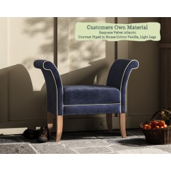  THW Small Broxbourne Stool in Easycare Velvet Atlantic Contrast Piped House Cotton Vanilla Light Legs