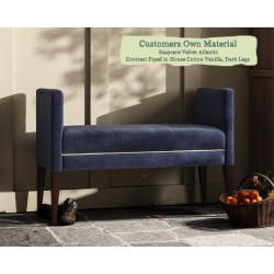 THW Large Brampton Stool in Easycare Velvet Atlantic Contrast Piped in House Cotton Vanilla with Dark Legs