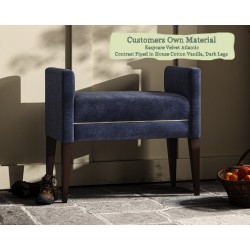 THW Small Brampton Stool Easycare Velvet Atlantic Contrast Piped House Cotton Vanilla with Dark Legs