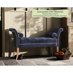 THW Large Brignall Stool in Easycare Velvet Atlantic Contrast Piped in House Cotton Vanilla with Light Legs