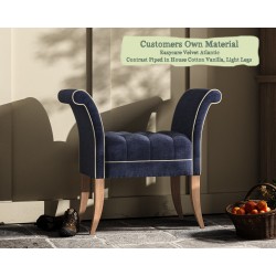 THW Small Brignall Stool in Easycare Velvet Atlantic Contrast Piped in House Cotton Vanilla with Light Legs