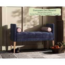 THW Large Burbage Stool in Easycare Velvet Atlantic Contrast Piped in Flat Velvet Burgundy with Light Legs