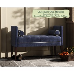 THW Large Burbage Stool in Easycare Velvet Atlantic Contrast Piped in House Cotton Vanilla with Dark Legs