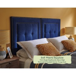 Twin Single Headboard Jura Soft Weave Sapphire 89cm High Buttoned and Panelled Centre Vintage Studs