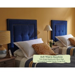 Twin Single Headboard Jura Soft Weave Sapphire 89cm High Buttoned and Panelled Centre Vintage Studs