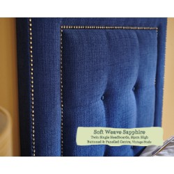 Twin Single Headboard Jura Soft Weave Sapphire 89cm High Buttoned and Panelled Centre Vintage Studs