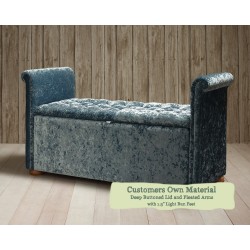 Scroll Ottoman Customers Own Material Deep Buttoned Lid and Pleated Arms 1.5ins Light Bun Foot