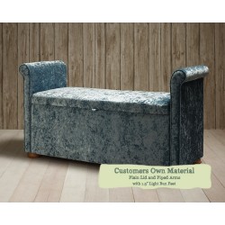 Scroll Ottoman Customers Own Material Plain Lid and Piped Arms 1.5ins Light Bun Foot