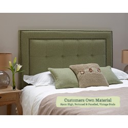 Kingsize Headboard Jura Customers Own Material 89cm High Buttoned and Panelled Centre Vintage Studs