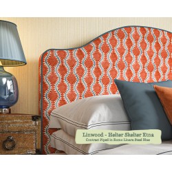 Barra Bed in Linwood Helter Skelter Etna, Contrast Piped in Romo Linara Steel Blue