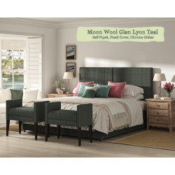 Shown in Moon Wool Glen Lyon Teal, Self Piped, Fixed Cover, Drawers, Chrome Glides with Small Brampton End of Bed Stools.