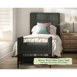 Shown in Moon Wool Glen Lyon Teal, Self Piped, Fixed Cover, Drawers, Chrome Glides with a Small Brampton End of Bed Stool.