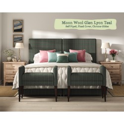 Shown in Moon Wool Glen Lyon Teal, Self Piped, Fixed Cover, Drawers, Chrome Glides with Small Brampton End of Bed Stools.