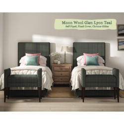 Shown in Moon Wool Glen Lyon Teal, Self Piped, Fixed Cover, Drawers, Chrome Glides with Small Brampton End of Bed Stools.