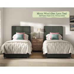 Shown in Moon Wool Glen Lyon Teal, Self Piped, Fixed Cover, Standard Drawers, Chrome Glides.