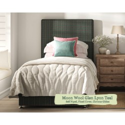 Shown in Moon Wool Glen Lyon Teal, Self Piped, Fixed Cover, Standard Drawers, Chrome Glides.