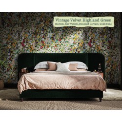 Bute in Vintage Velvet Highland Green, 116cm H, 46cm W extensions, rounded corners, gold studs.