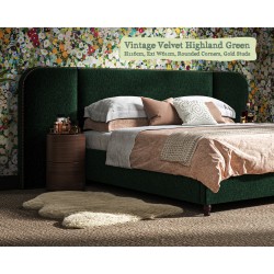 Bute in Vintage Velvet Highland Green, 116cm H, 61cm W extensions, rounded corners, gold studs.