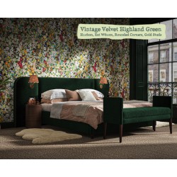 Bute in Vintage Velvet Highland Green, 116cm H, 61cm W extensions, rounded corners, gold studs + light cutouts.