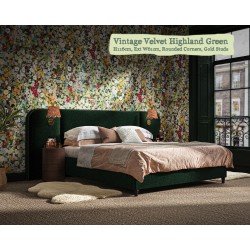 Bute in Vintage Velvet Highland Green, 116cm H, 61cm W extensions, rounded corners, gold studs + light cutouts.