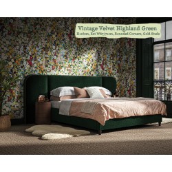 Bute in Vintage Velvet Highland Green, 116cm H, 67cm W extensions, rounded corners, gold studs.