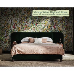 Bute in Vintage Velvet Highland Green, 116cm H, 67cm W extensions, rounded corners, gold studs.