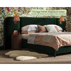 Bute in Vintage Velvet Highland Green, 116cm H, 67cm W extensions, rounded corners, gold studs + light cutouts.