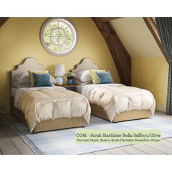 Headboard in Sarah Hardaker Bella Saffron Olive, Piped in Harbour Marine, Base in Sarah Hardaker Roussillon Stripe Saffron.