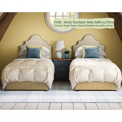 Headboard in Sarah Hardaker Bella Saffron Olive, Piped in Harbour Marine, Base in Sarah Hardaker Roussillon Stripe Saffron.