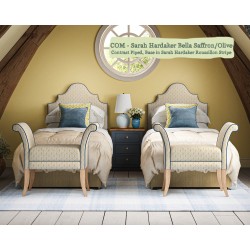 Headboard in Sarah Hardaker Bella Saffron Olive, Piped in Harbour Marine, Base in Sarah Hardaker Roussillon Stripe Saffron.