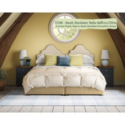 Headboard in Sarah Hardaker Bella Saffron Olive, Piped in Harbour Marine, Base in Sarah Hardaker Roussillon Stripe Saffron.