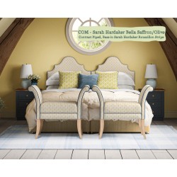 Headboard in Sarah Hardaker Bella Saffron Olive, Piped in Harbour Marine, Base in Sarah Hardaker Roussillon Stripe Saffron.