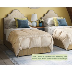 Headboard in Sarah Hardaker Bella Saffron Olive, Piped in Harbour Marine, Base in Sarah Hardaker Roussillon Stripe Saffron.