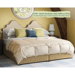 Headboard in Sarah Hardaker Bella Saffron Olive, Piped in Harbour Marine, Base in Sarah Hardaker Roussillon Stripe Saffron.