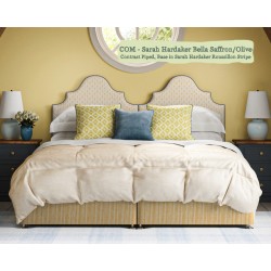 Headboard in Sarah Hardaker Bella Saffron Olive, Piped in Harbour Marine, Base in Sarah Hardaker Roussillon Stripe Saffron.