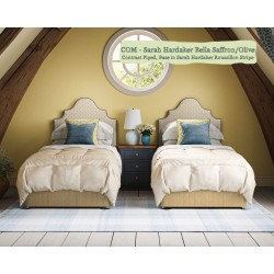 Headboard in Sarah Hardaker Bella Saffron Olive, Piped in Harbour Marine, Base in Sarah Hardaker Roussillon Stripe Saffron.