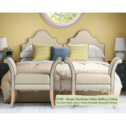 Headboard in Sarah Hardaker Bella Saffron Olive, Piped in Harbour Marine, Base in Sarah Hardaker Roussillon Stripe Saffron.