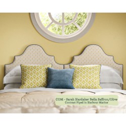 Headboard in Sarah Hardaker Bella Saffron Olive, Piped in Harbour Marine, Base in Sarah Hardaker Roussillon Stripe Saffron.