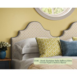 Headboard in Sarah Hardaker Bella Saffron Olive, Piped in Harbour Marine, Base in Sarah Hardaker Roussillon Stripe Saffron.