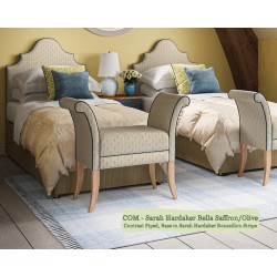 Headboard in Sarah Hardaker Bella Saffron Olive, Piped in Harbour Marine, Base in Sarah Hardaker Roussillon Stripe Saffron.