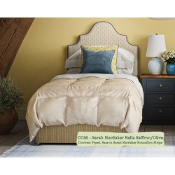 Headboard in Sarah Hardaker Bella Saffron Olive, Piped in Harbour Marine, Base in Sarah Hardaker Roussillon Stripe Saffron.