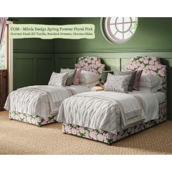 Puffin Coll Bed shown in Milola Design Spring Forever Floral Pink, Contrast Piped House Cotton Vanilla.
