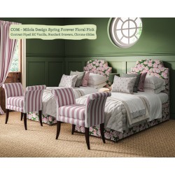 Puffin Coll Bed shown in Milola Design Spring Forever Floral Pink, Contrast Piped House Cotton Vanilla.