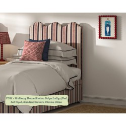 Solas Coll Bed shown in Mulberry Home Shelter Stripe Indigo/Red, Self Piped with Chrome Glides and Standard Drawers.