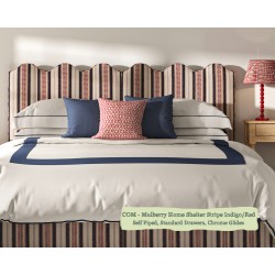 Solas Coll Bed shown in Mulberry Home Shelter Stripe Indigo/Red, Self Piped with Chrome Glides and Standard Drawers.