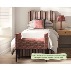 Solas Coll Bed shown in Mulberry Home Shelter Stripe Indigo/Red, Self Piped with Chrome Glides and Standard Drawers.