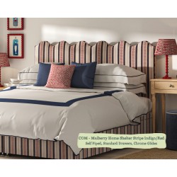Solas Coll Bed shown in Mulberry Home Shelter Stripe Indigo/Red, Self Piped with Chrome Glides and Standard Drawers.